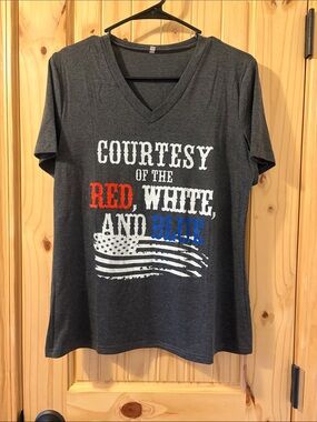 Patriotic 'Courtesy of the Red, White, and Blue' V-Neck Tee
